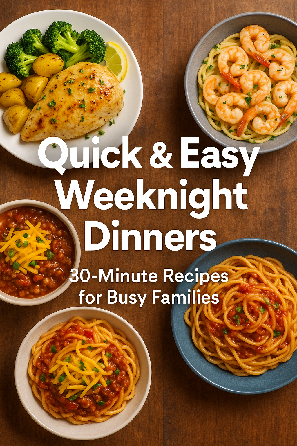A variety of 30-minute dinner dishes including shrimp scampi, lemon herb chicken, and creamy pasta.