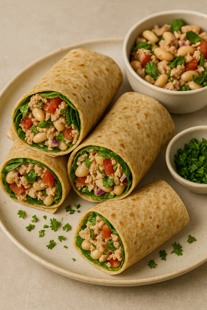 Whole wheat wraps sliced to reveal tuna, white beans, red onion, spinach, and tomato salad filling, arranged on a plate.