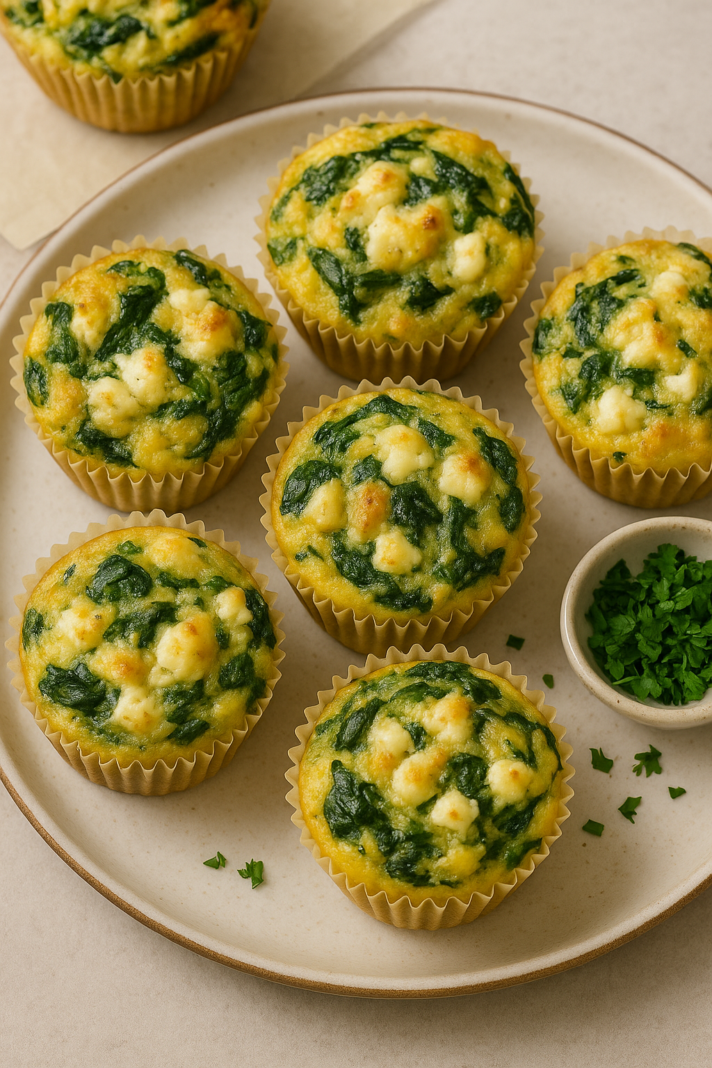 Spinach and feta egg muffins baked golden brown in parchment cups, served on a ceramic plate with chopped parsley.