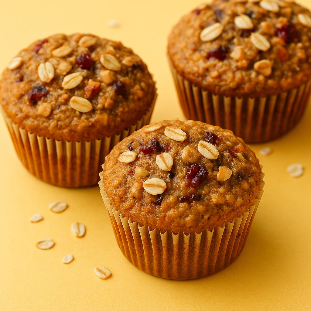Golden-brown breakfast muffins with oats and nuts, perfect for a quick grab-and-go meal.
