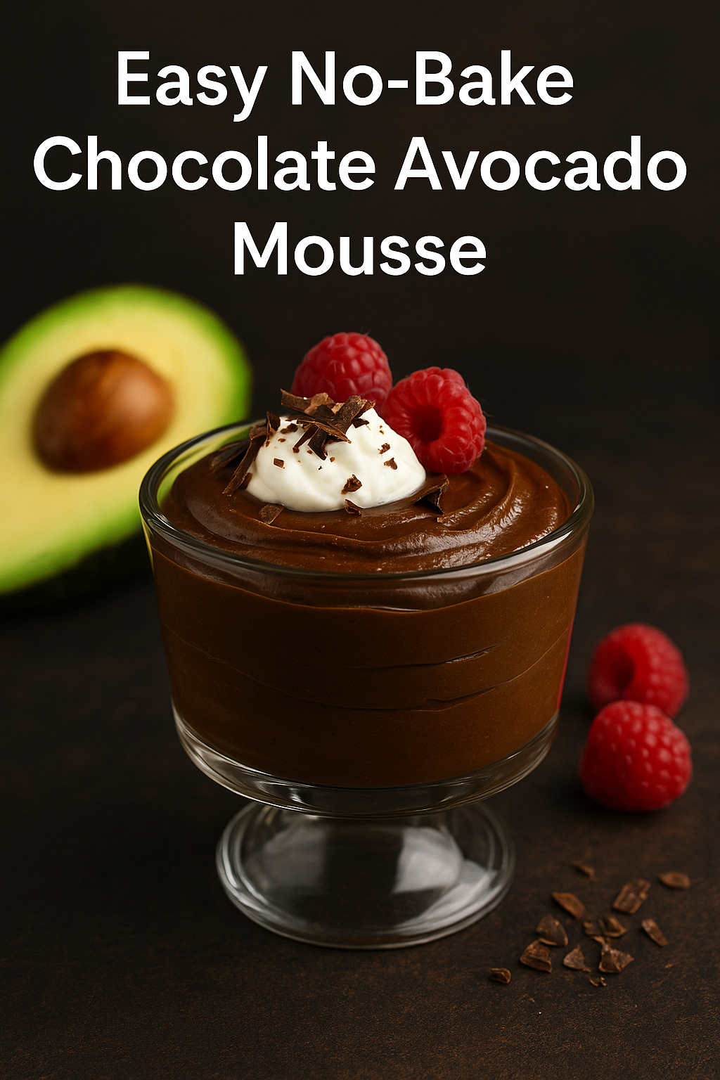 Smooth and creamy no-bake chocolate avocado mousse topped with raspberries and chocolate shavings.