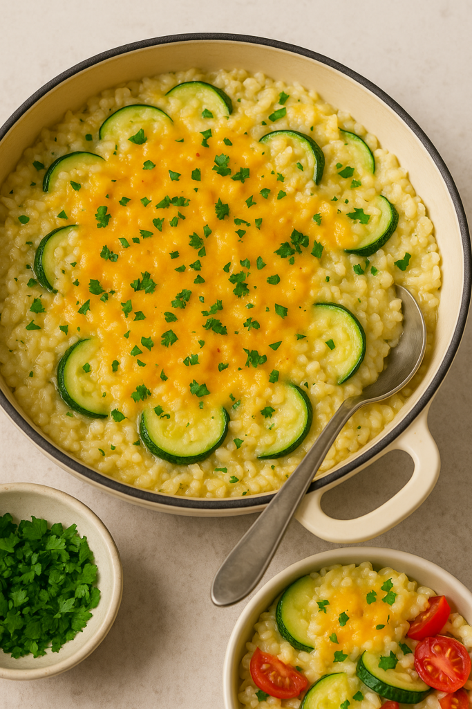 Creamy zucchini and cheese rice served in a beige enameled skillet, garnished with fresh parsley.