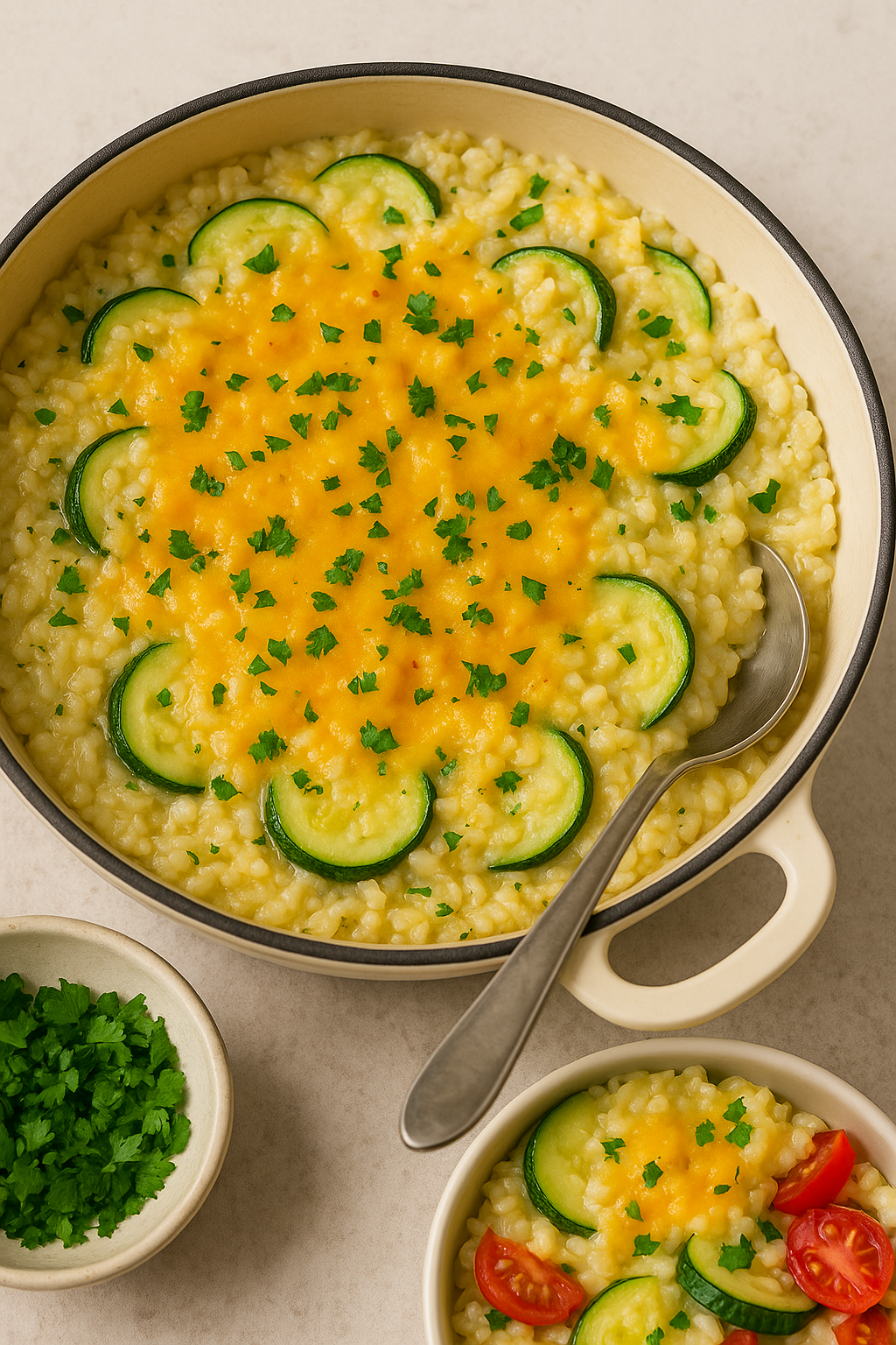 Creamy zucchini and cheese rice served in a beige enameled skillet, garnished with fresh parsley.