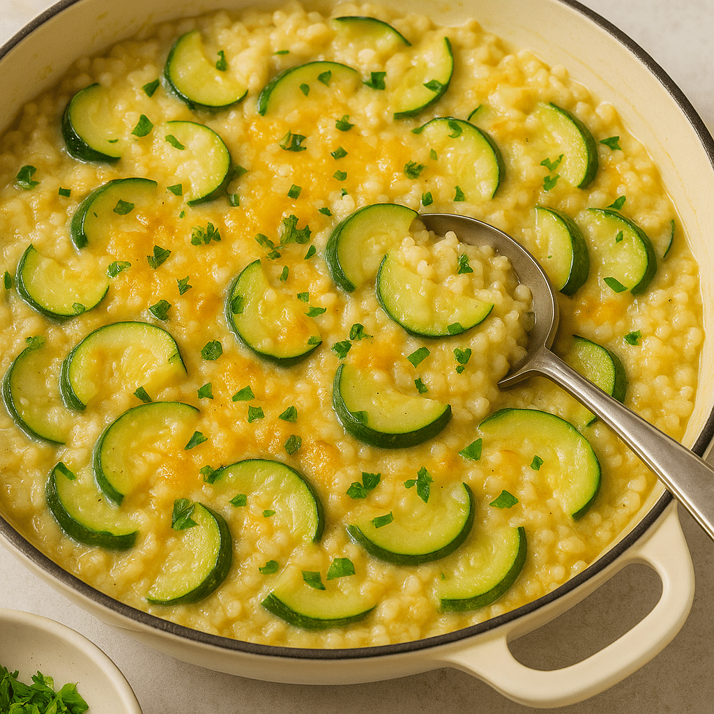 Creamy zucchini and cheese rice served in a beige enameled skillet, garnished with fresh parsley.