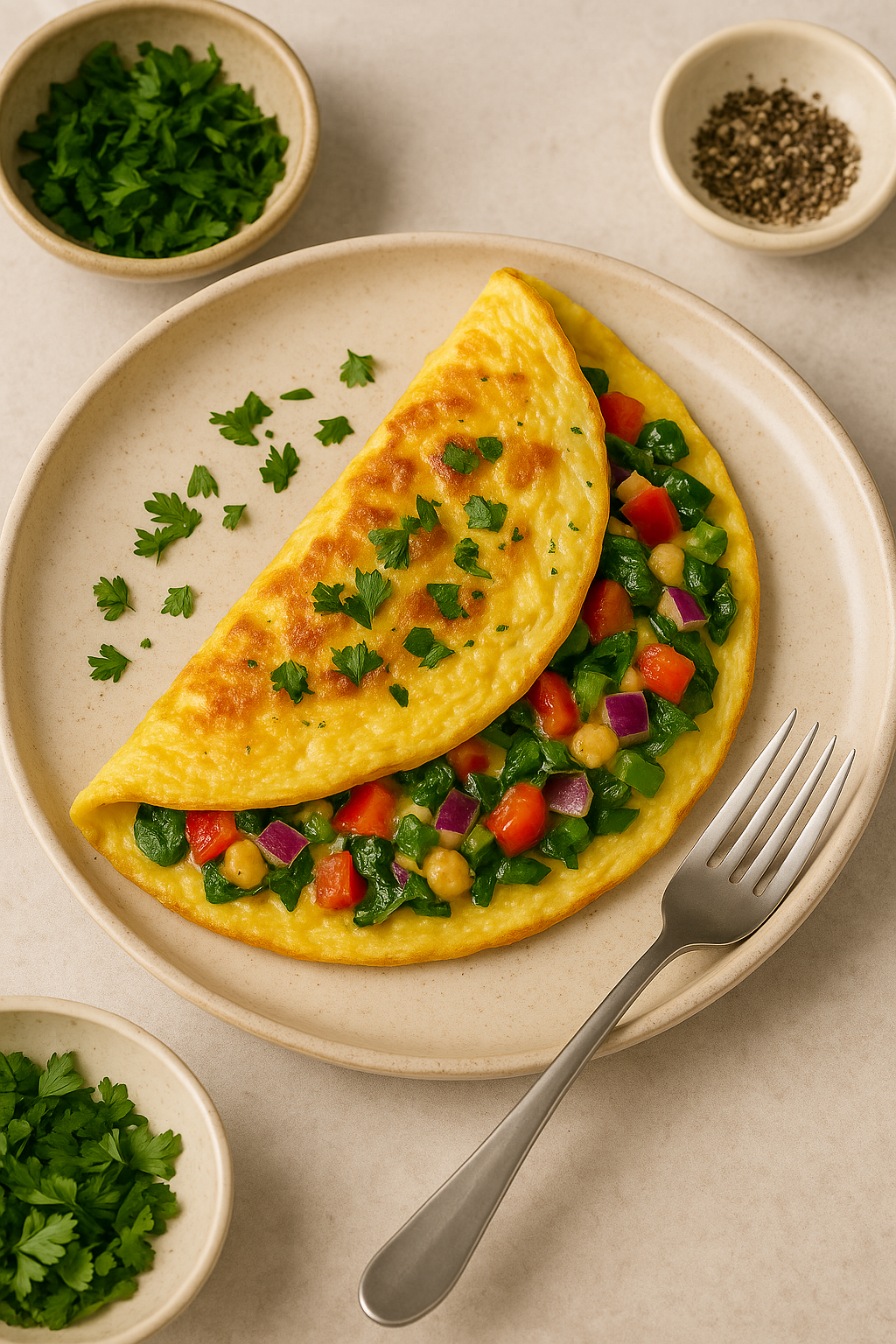 A golden, folded vegetable omelette filled with bell peppers, spinach, and red onions, garnished with fresh parsley and served on a ceramic plate with a fork.