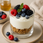 Greek yogurt parfait layered with granola, berries, and honey in a clear glass, garnished with mint on a ceramic plate.