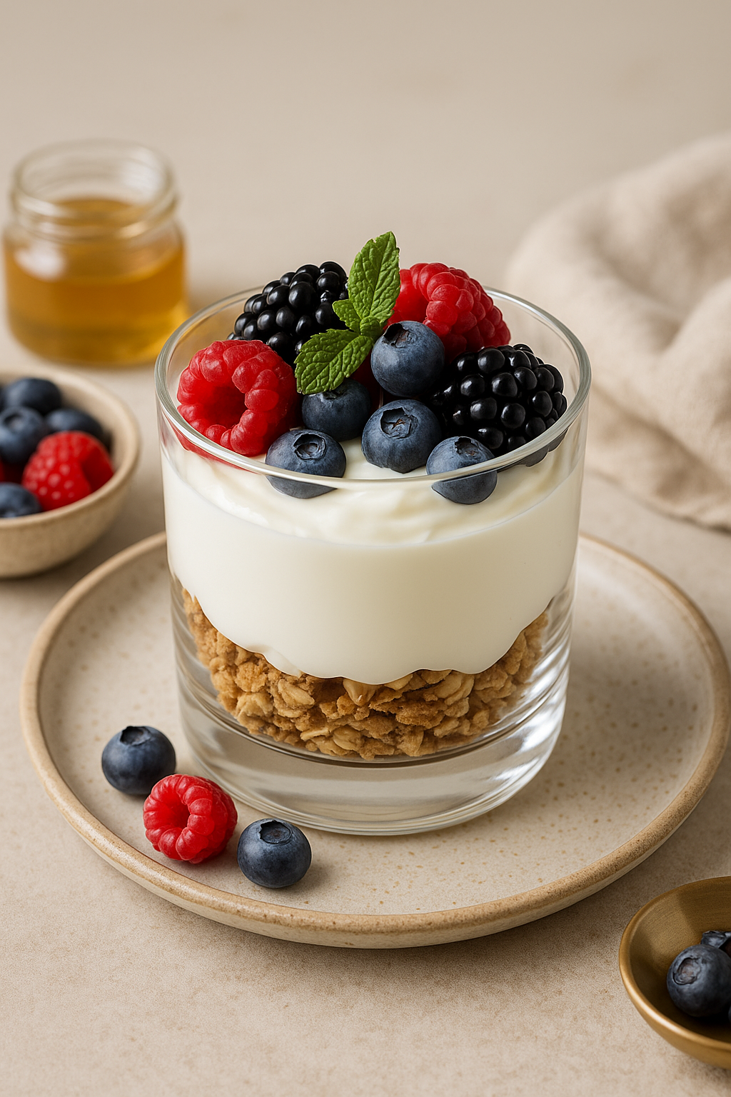 Greek yogurt parfait layered with granola, berries, and honey in a clear glass, garnished with mint on a ceramic plate.