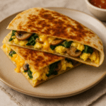 Sliced breakfast quesadilla filled with scrambled eggs, spinach, mushrooms, and melted cheese, served on a rustic plate.
