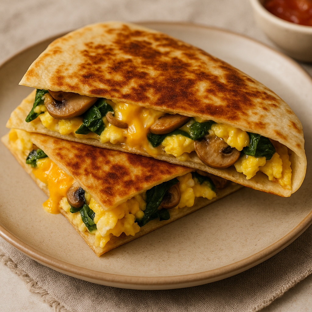 Sliced breakfast quesadilla filled with scrambled eggs, spinach, mushrooms, and melted cheese, served on a rustic plate.