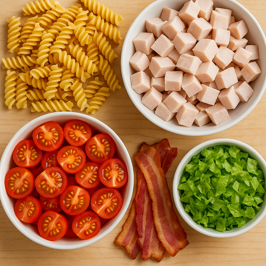 This turkey club pasta salad is a fresh, hearty lunch twist on a deli classic.