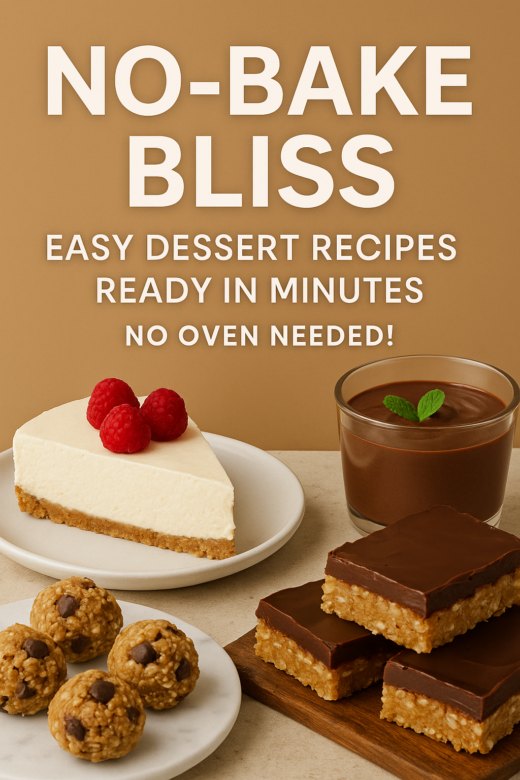 A selection of no-bake desserts including cheesecake, energy bites, and chocolate mousse.