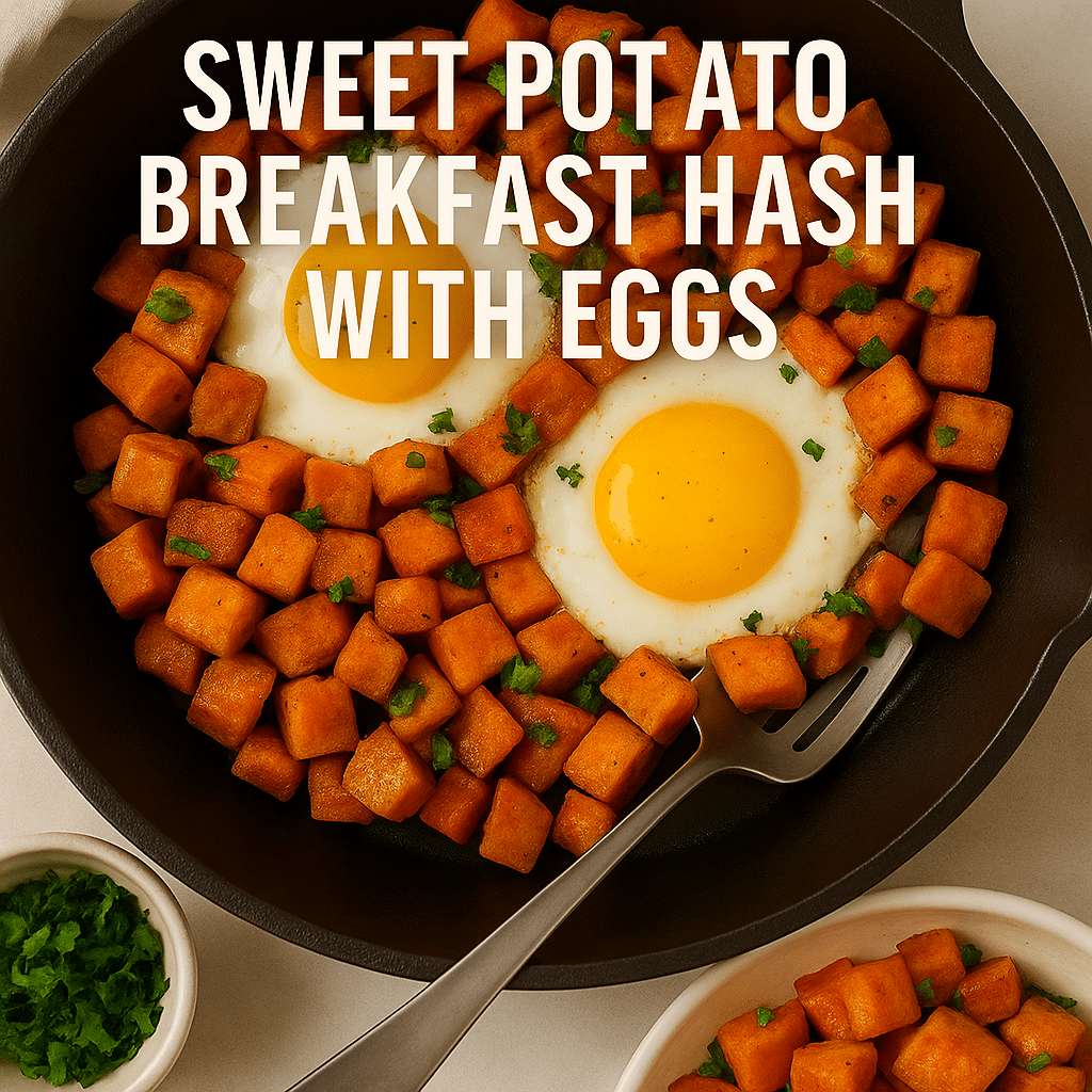 Skillet filled with cubed sweet potatoes, bell peppers, and two sunny-side-up eggs, garnished with parsley.