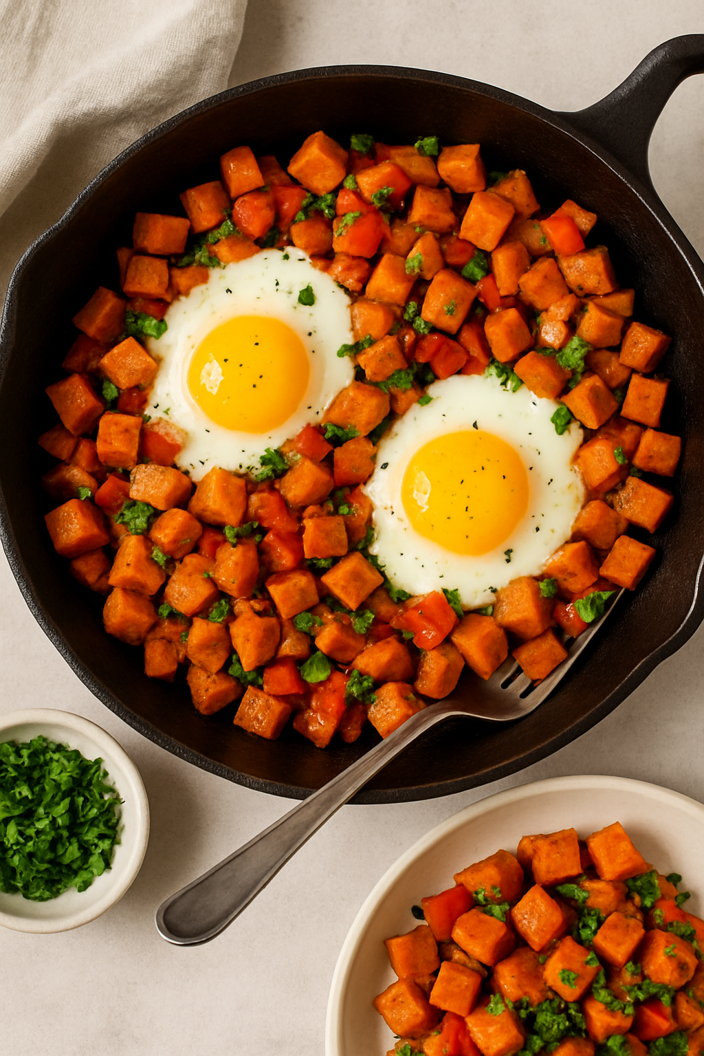 Skillet filled with cubed sweet potatoes, bell peppers, and two sunny-side-up eggs, garnished with parsley.