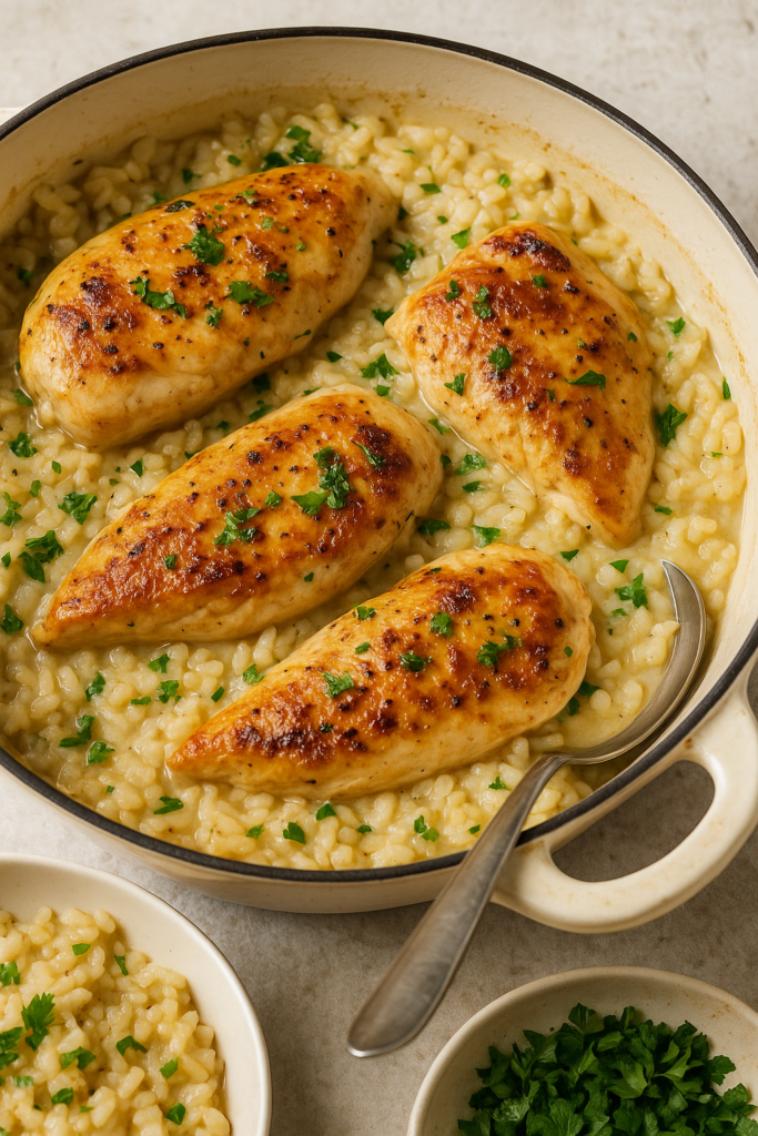 Close-up of one-pot creamy garlic chicken and rice in a cream-colored skillet, garnished with fresh parsley.