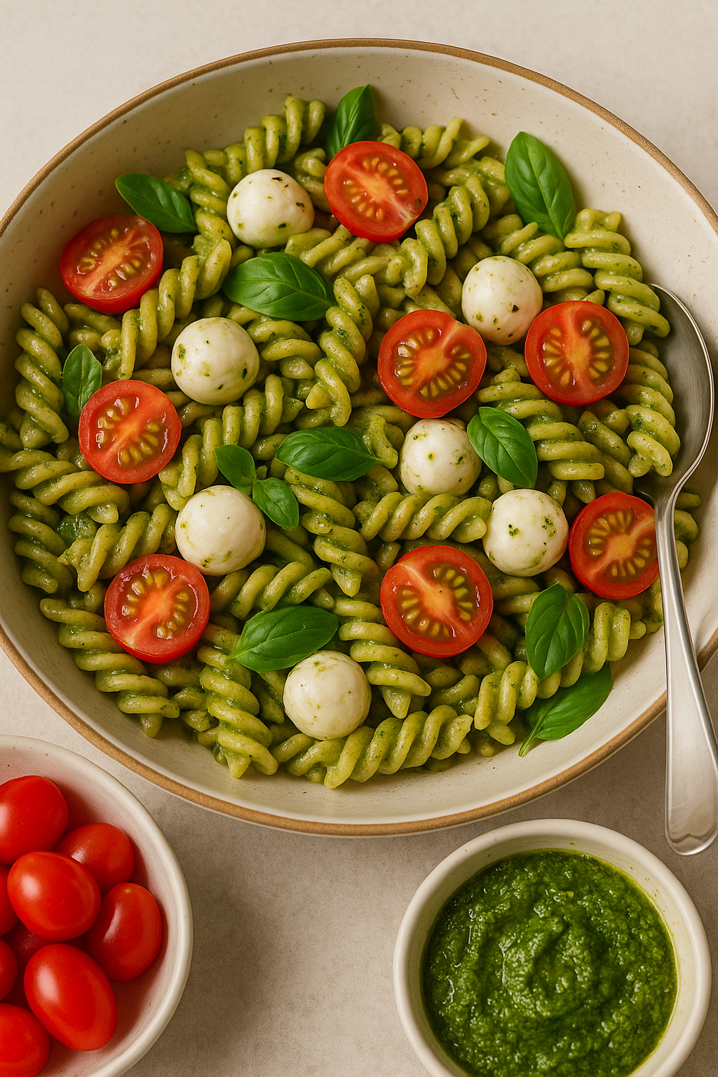 Pasta salad with cherry tomatoes, mozzarella balls, and fresh basil, tossed in pesto, served on a ceramic plate.