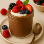 Chocolate chia pudding topped with whipped cream, strawberries, raspberries, blueberries, and mint in a glass jar.