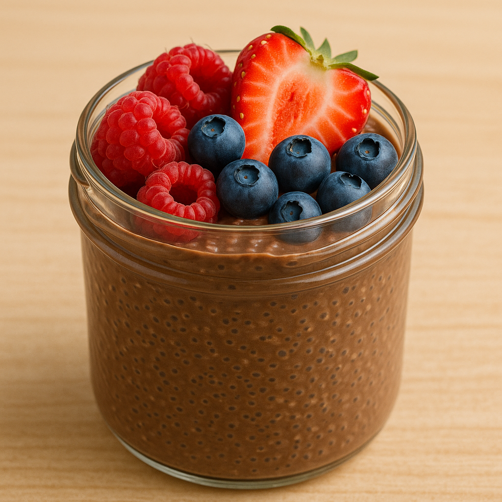 homemade chocolate chia pudding topped with fresh berries