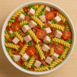 Colorful pasta salad with turkey, bacon, cherry tomatoes, avocado, and cheese cubes in a ceramic bowl.