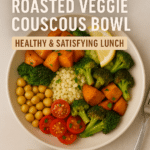 homemade roasted veggie couscous bowl with colorful Mediterranean vegetables