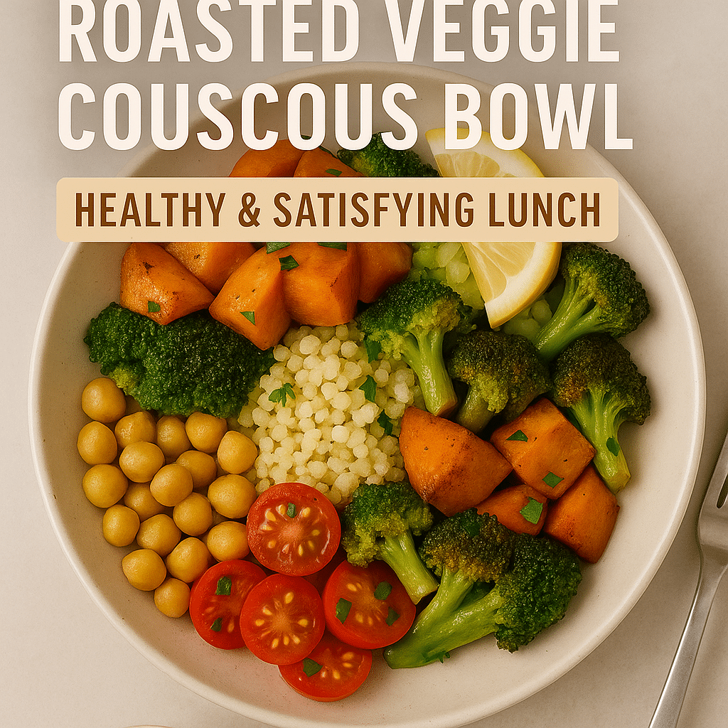 homemade roasted veggie couscous bowl with colorful Mediterranean vegetables