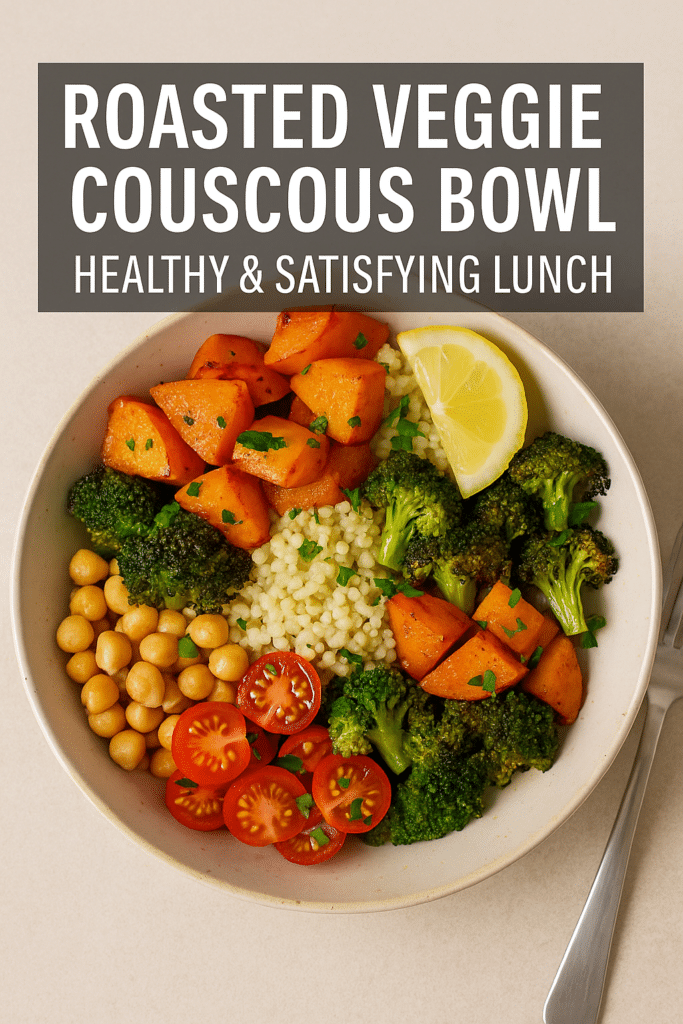 A lunch bowl filled with couscous, roasted sweet potatoes, broccoli, chickpeas, cherry tomatoes, and a lemon wedge.