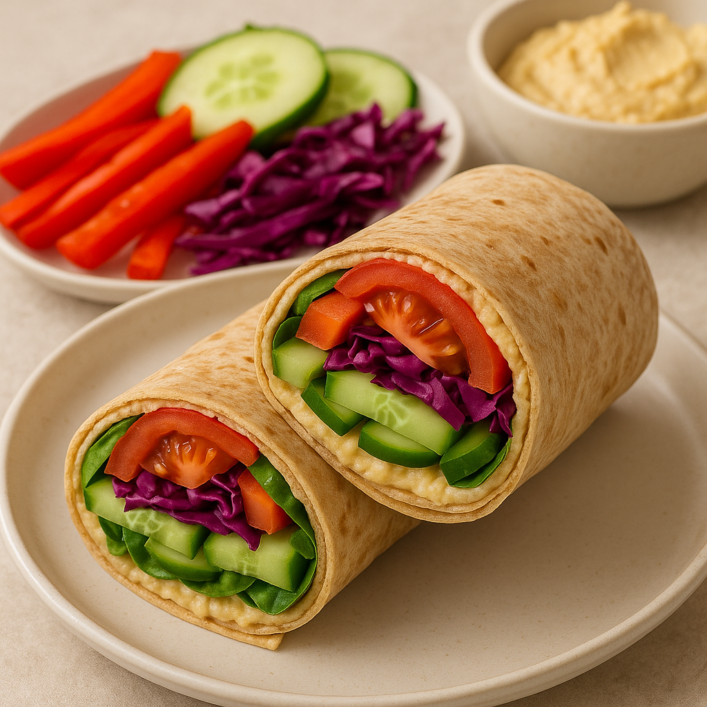 A veggie and hummus wrap cut in half, revealing a colorful filling of spinach, cucumber, bell pepper, and purple cabbage, served on a ceramic plate.