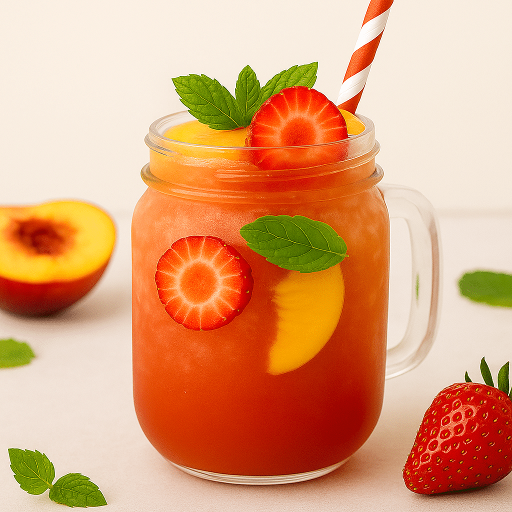 A web-optimized image of a glass mason jar filled with a colorful peach strawberry lemonade, layered from deep red to peachy-orange, and garnished with mint, fruit slices, and a straw. The background includes a halved peach and whole strawberry for a fresh, inviting presentation.