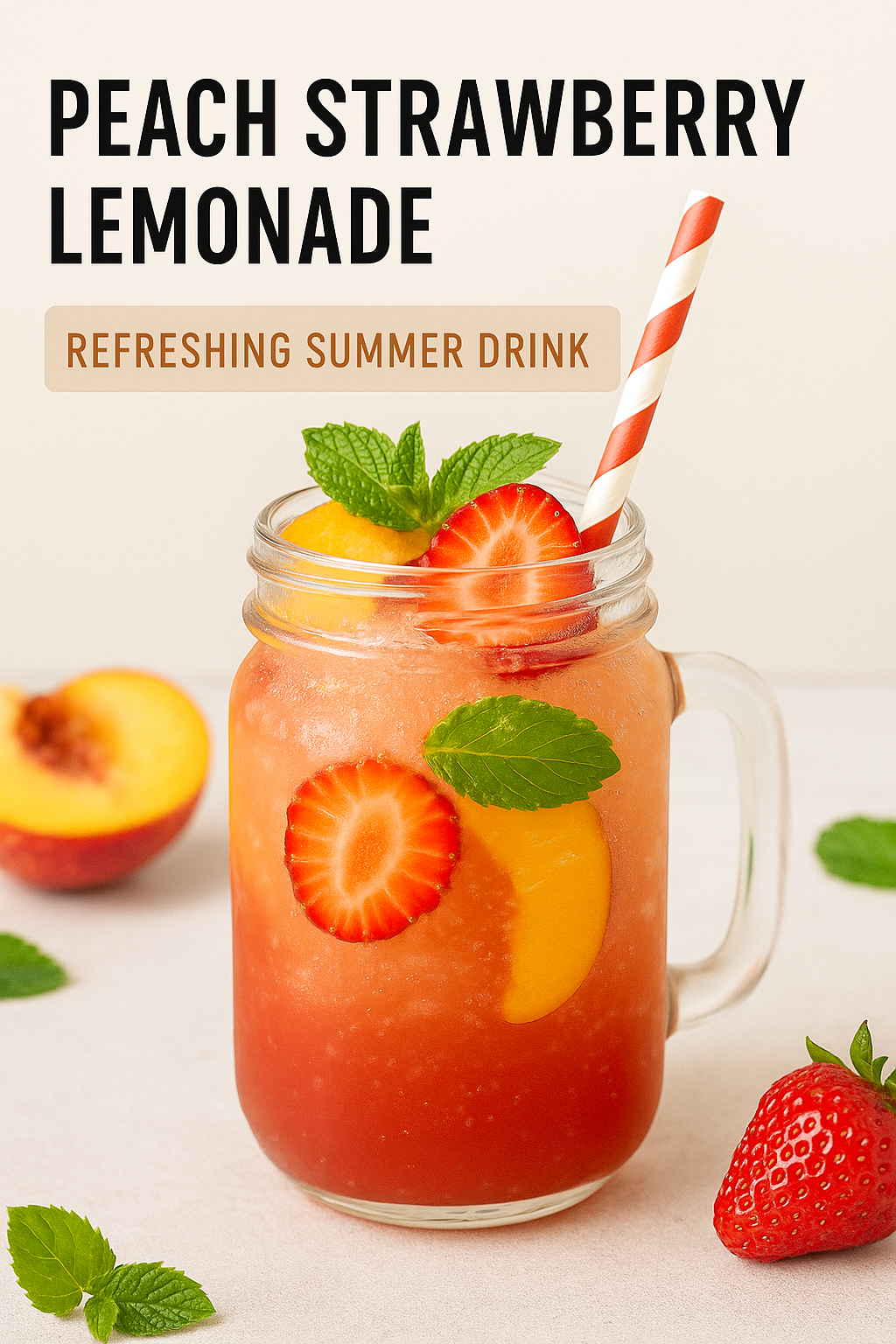 A mason jar filled with peach strawberry lemonade, garnished with fresh strawberry slices, peach wedges, mint leaves, and a striped straw.