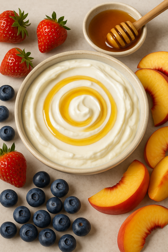 creamy honey yogurt dip served with fresh strawberries