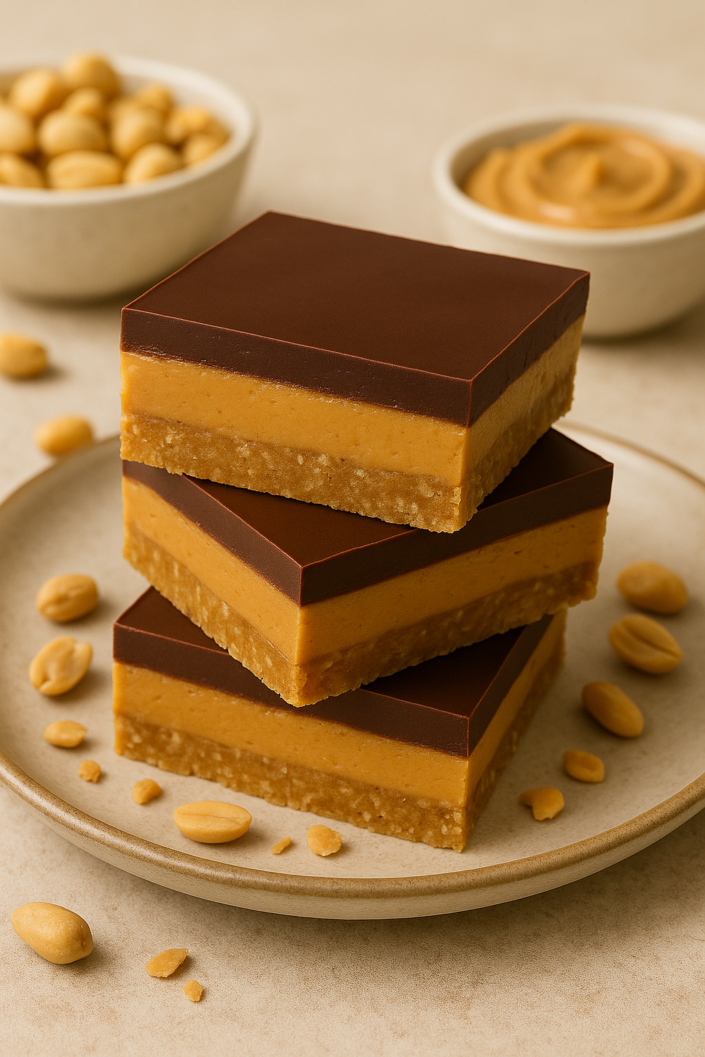 Close-up of three stacked no-bake chocolate peanut butter bars on a wooden board with scattered peanuts and a bowl of creamy peanut butter in the background.