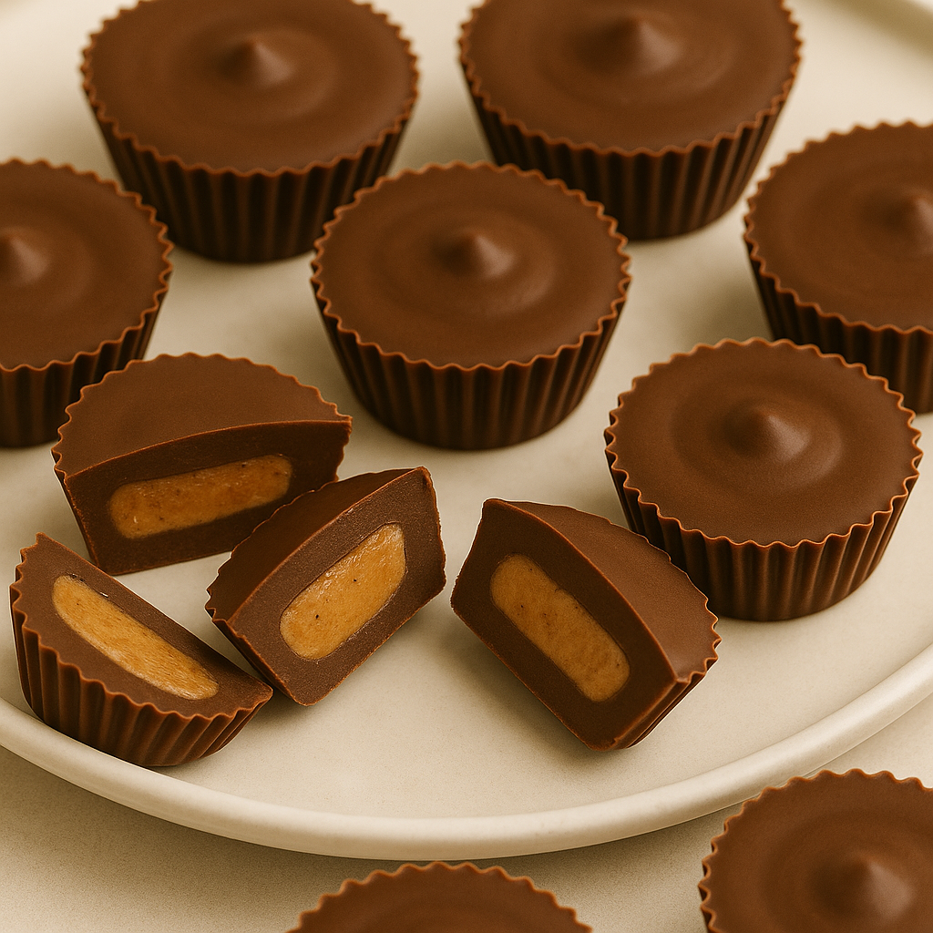 Almond butter chocolate bites on a ceramic plate, with two sliced to reveal a creamy almond filling and a dark chocolate shell.