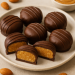 Almond butter chocolate bites on a ceramic plate, with two sliced to reveal a creamy almond filling and a dark chocolate shell.