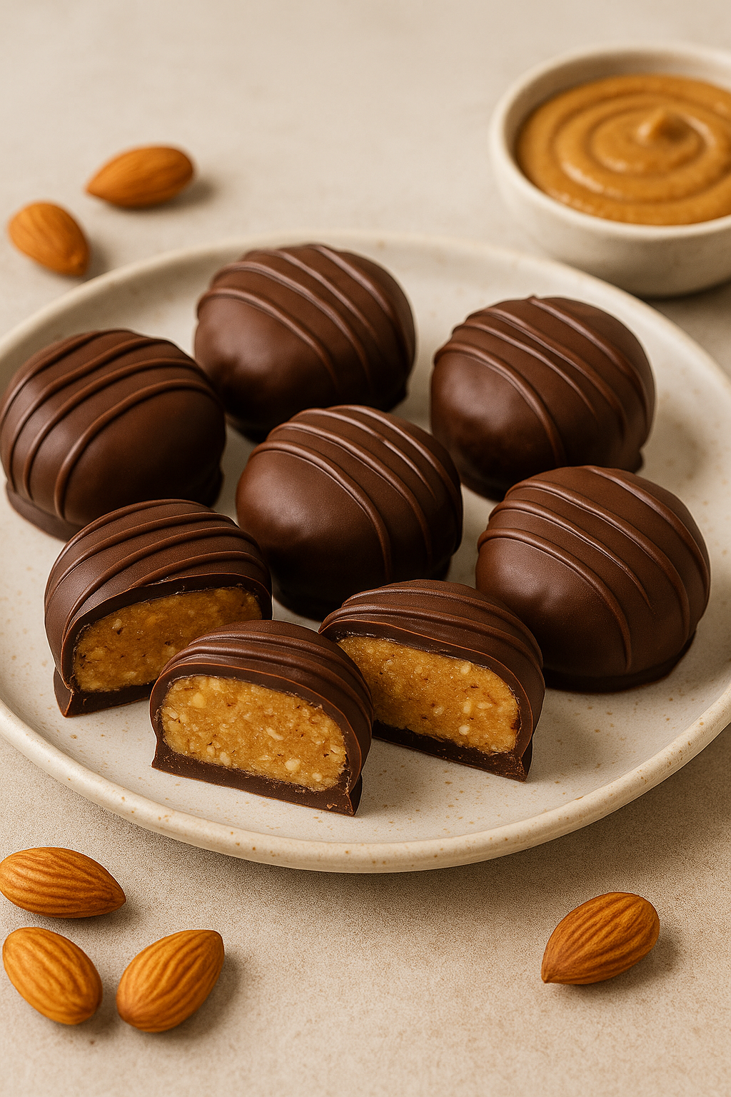Almond butter chocolate bites on a ceramic plate, with two sliced to reveal a creamy almond filling and a dark chocolate shell.
