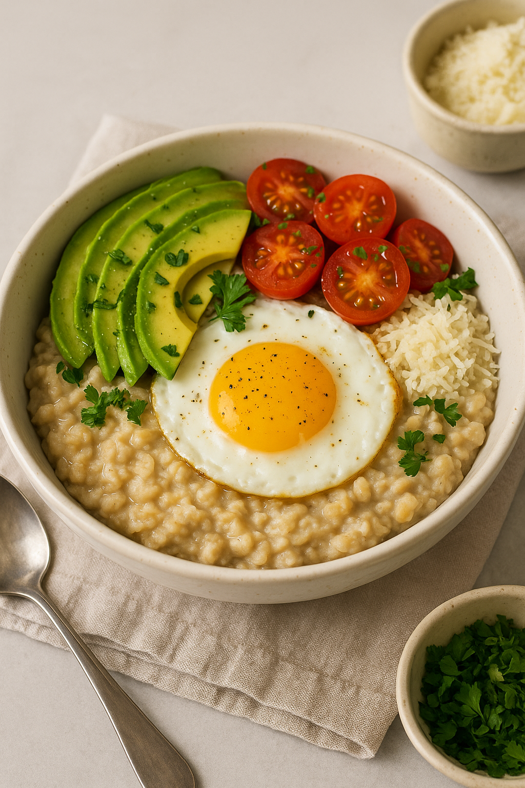 A savory oatmeal bowl topped with a sunny-side-up egg, sliced avocado, cherry tomatoes, and shredded cheese in a ceramic bowl.