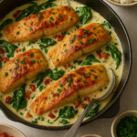 Tuscan salmon fillets in a creamy garlic sauce with spinach and sun-dried tomatoes in a cast iron skillet.