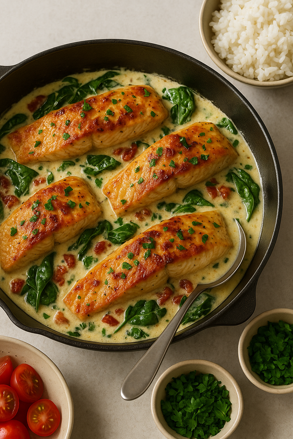 Tuscan salmon fillets in a creamy garlic sauce with spinach and sun-dried tomatoes in a cast iron skillet.