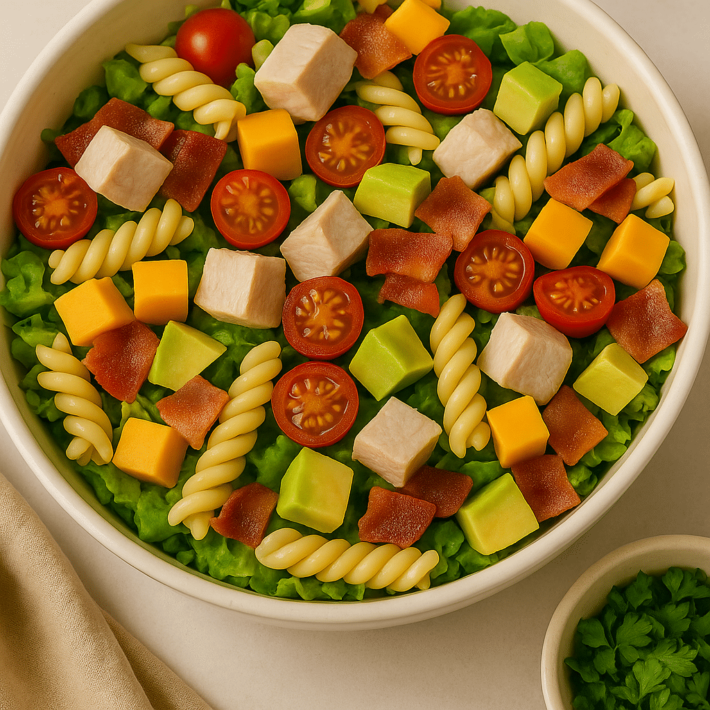 Colorful pasta salad with turkey, bacon, cherry tomatoes, avocado, and cheese cubes in a ceramic bowl.