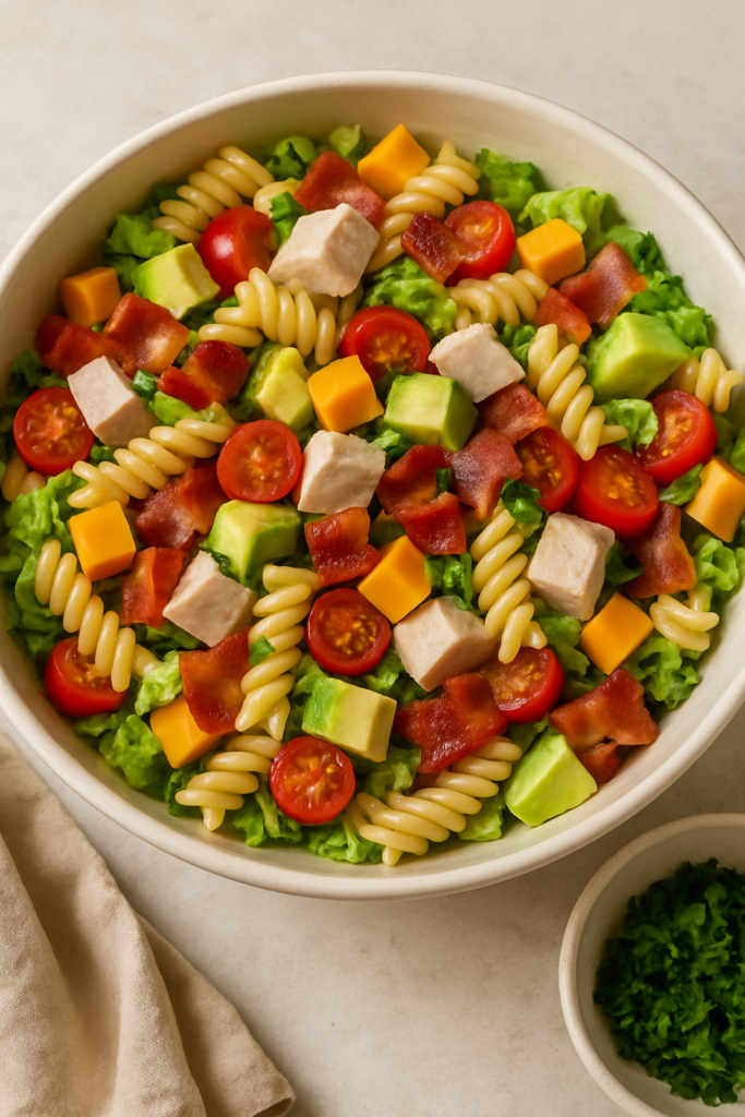 Colorful pasta salad with turkey, bacon, cherry tomatoes, avocado, and cheese cubes in a ceramic bowl.