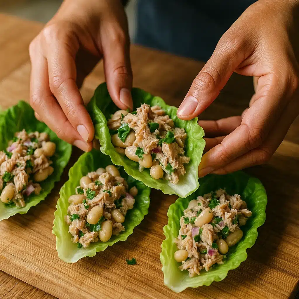 Assembling Tuna White Bean Salad Wraps