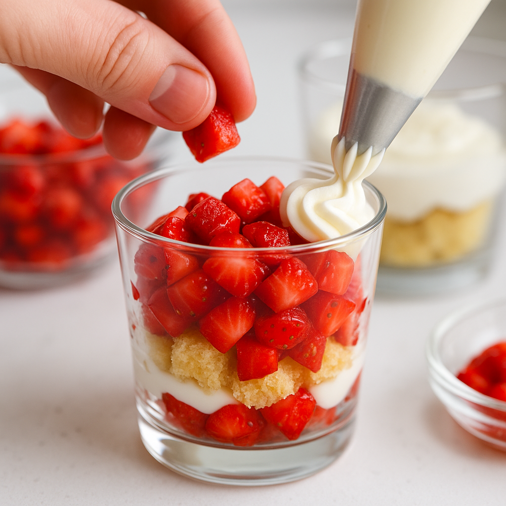 Assembling individual strawberry shortcake cups step by step