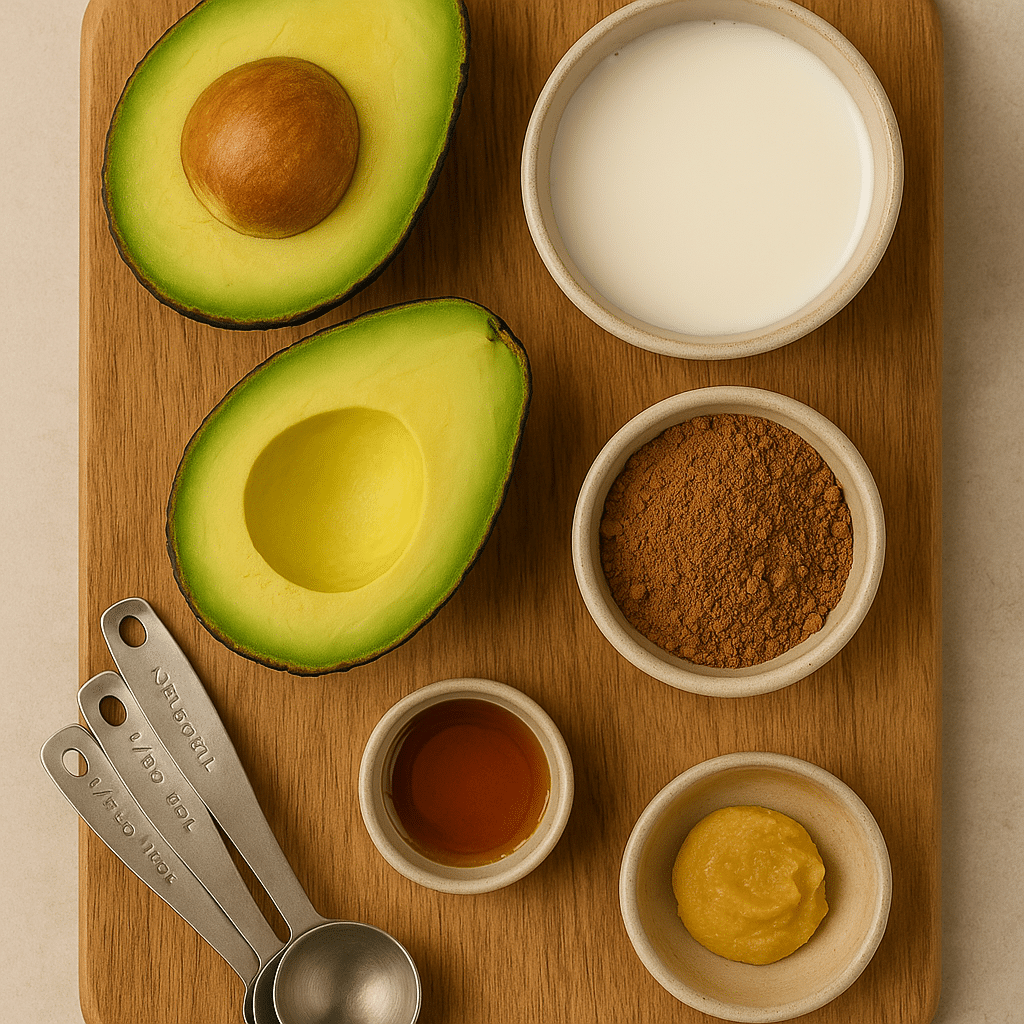 ingredients for chocolate avocado mousse laid on counter
