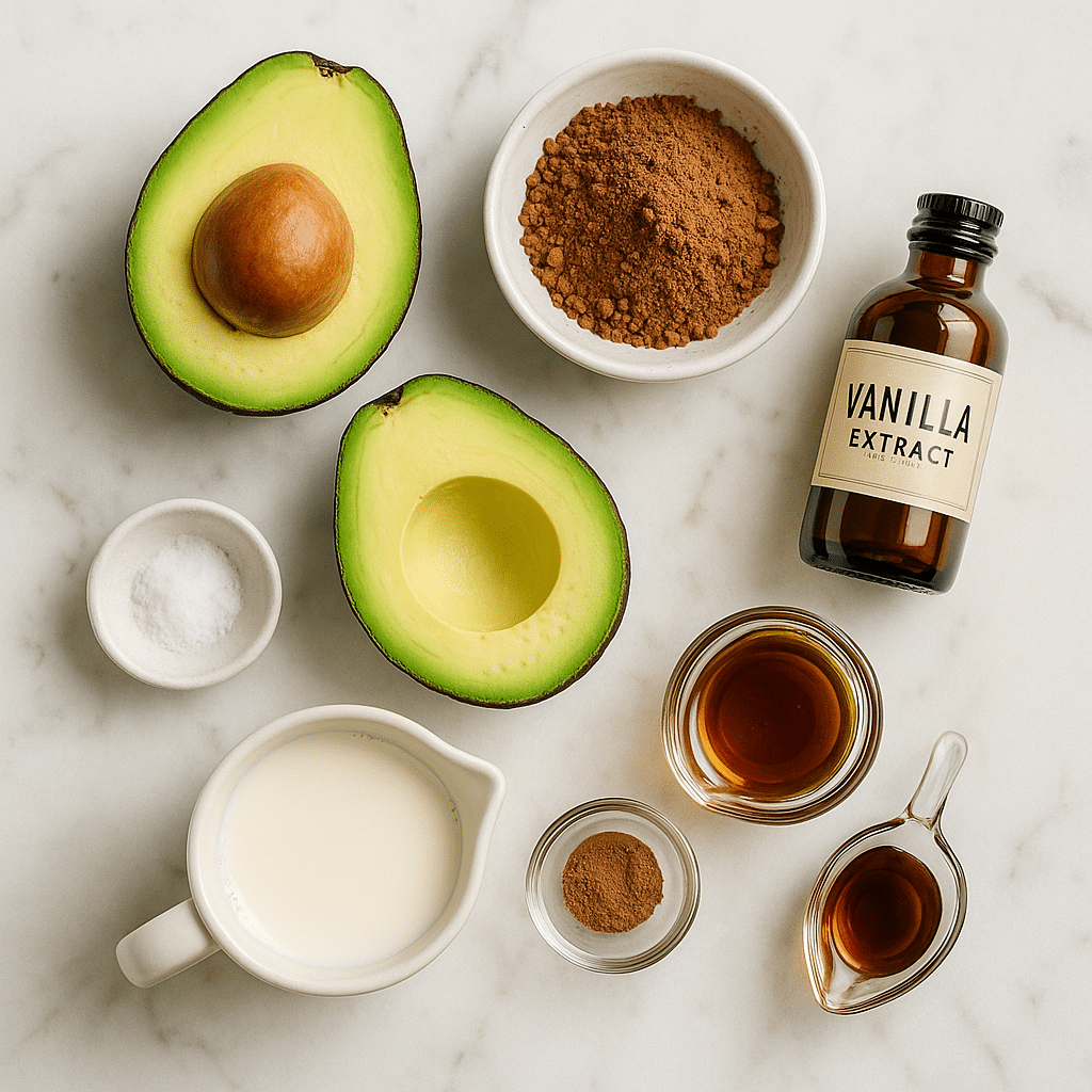 ingredients for chocolate avocado mousse on a white surface