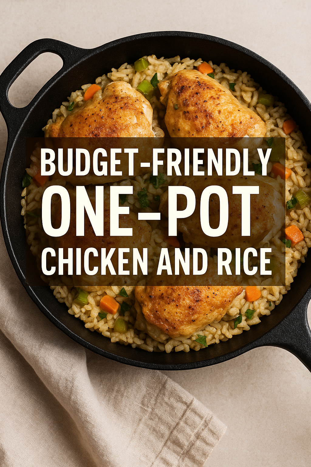 One-pot chicken and rice dinner with golden chicken thighs and seasoned rice, garnished with fresh herbs.