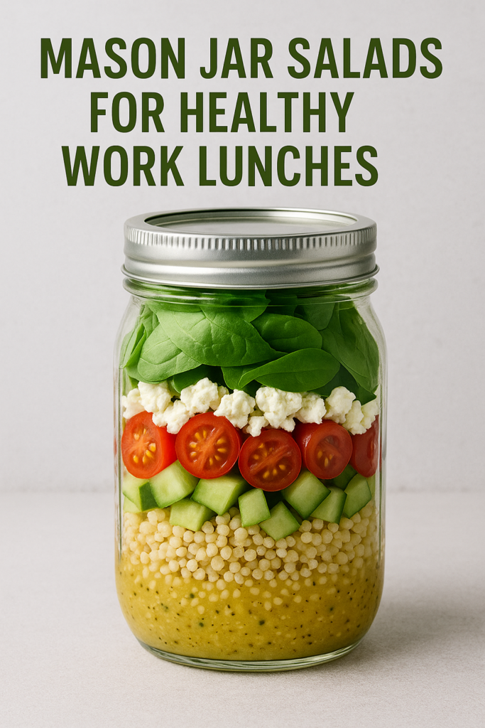 Colorful mason jar salad with layers of quinoa, vegetables, and leafy greens.