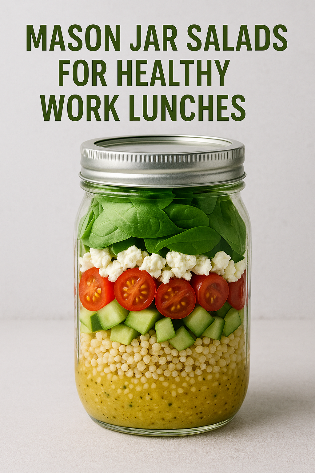Colorful mason jar salad with layers of quinoa, vegetables, and leafy greens.