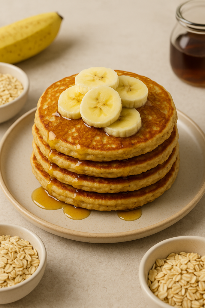 A stack of golden-brown banana oat pancakes topped with fresh banana slices and drizzled with maple syrup, served on a beige ceramic plate.
