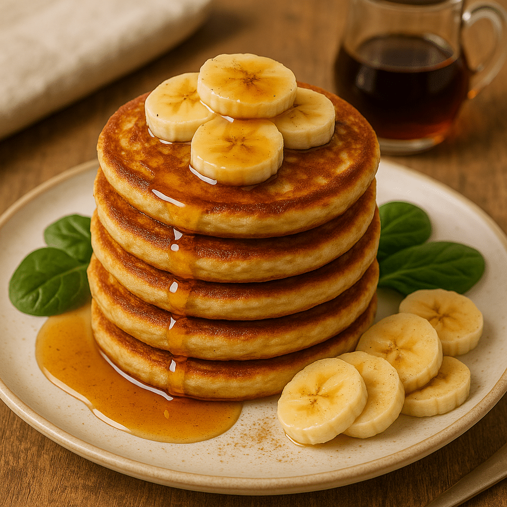 Banana pancakes plated with toppings for breakfast
