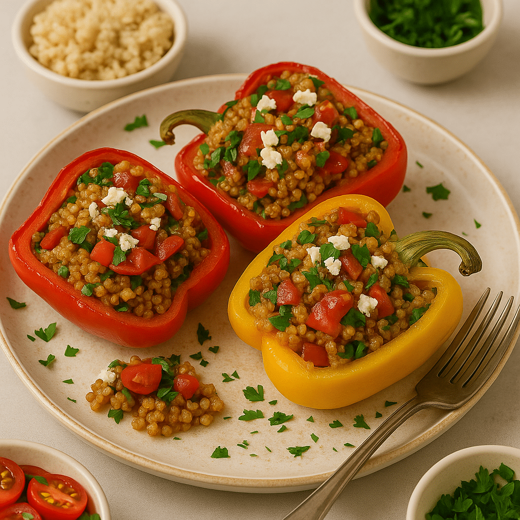 Roasted red and yellow bell peppers stuffed with quinoa, tomatoes, parsley, and crumbled feta, served on a neutral ceramic plate.