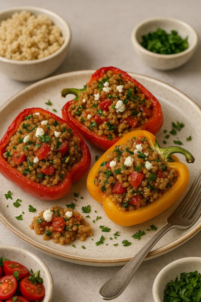 Roasted red and yellow bell peppers stuffed with quinoa, tomatoes, parsley, and crumbled feta, served on a neutral ceramic plate.