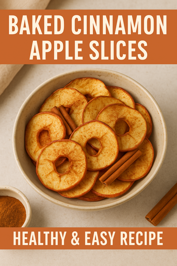 A bowl of baked cinnamon apple rings garnished with cinnamon sticks and surrounded by ground cinnamon on a neutral background.